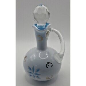 Vintage Egermann Czech Bohemian Glass Cruet White Cut to Turquoise Blue Gold Oil